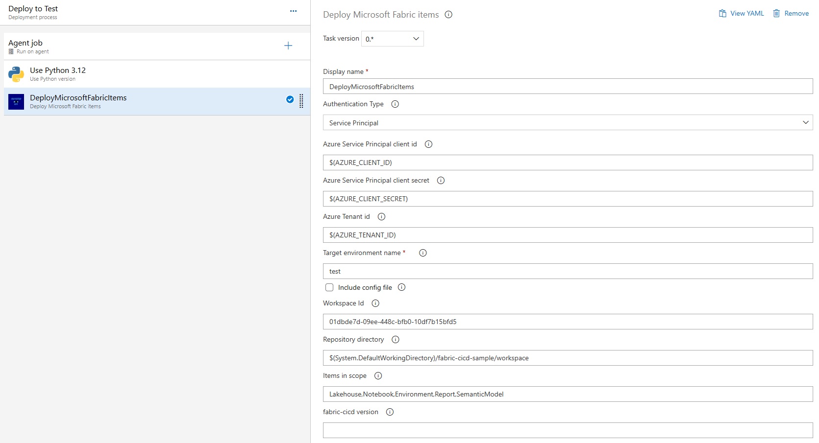 Configuring the Deploy Microsoft Fabric Items task
